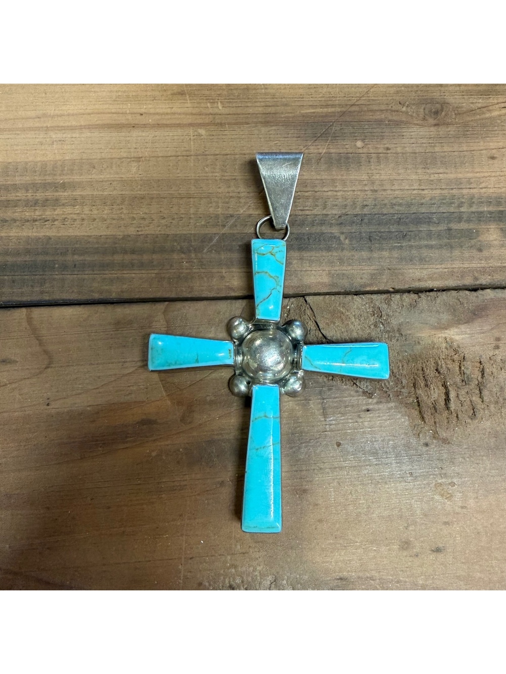 Sterling silver & turquoise colored inlay cross pendant vintage